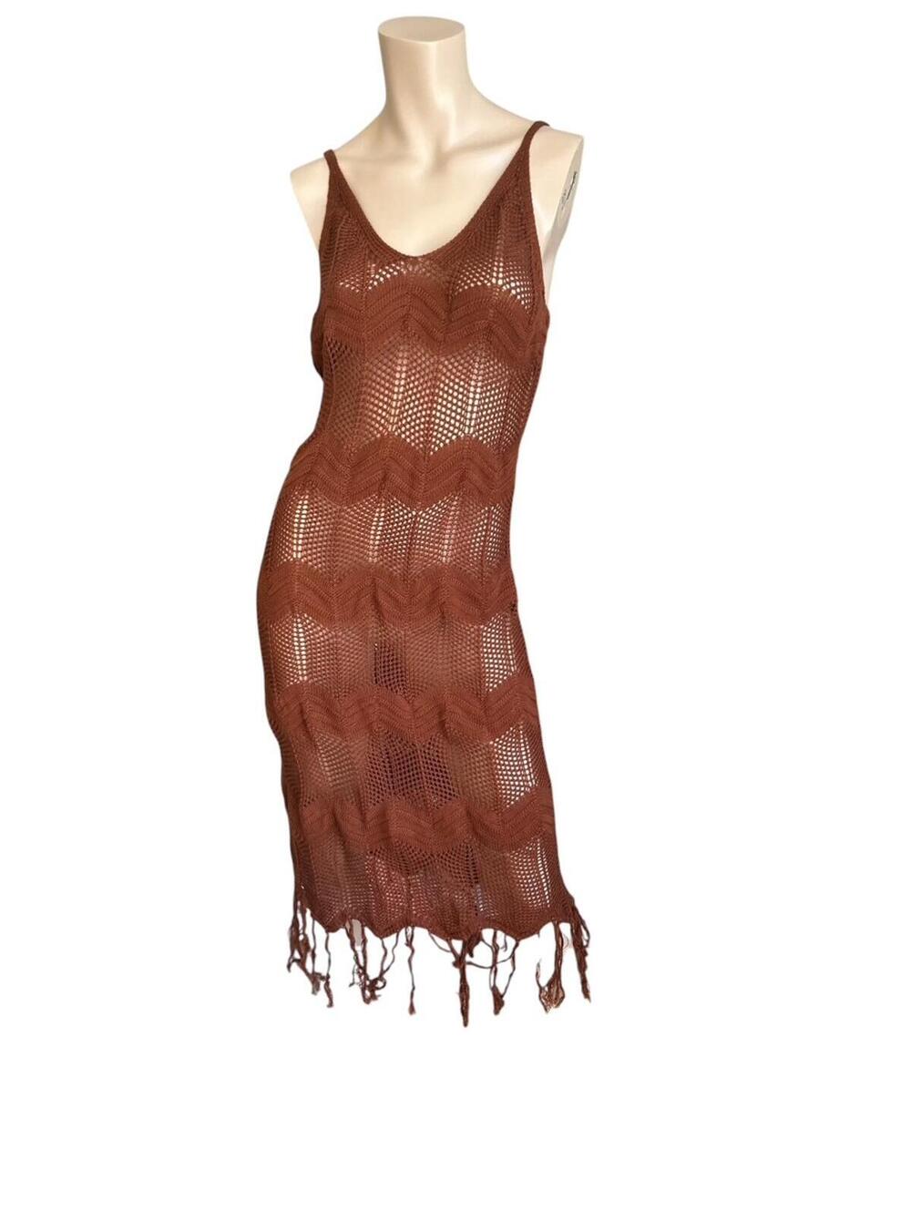 Boho Chic Crochet Dress Swim Cover Up Brown Size L Festival Resort Beachy Hippie